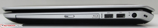prawy bok: gniazdo blokady Kensingtona, gniazdo zasilania, USB 2.0, USB 3.0, napęd optyczny (Blu-ray)