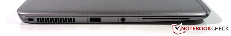 lewy bok: gniazdo linki zabezpieczającej, otwory wentylacyjne, USB 3.0, gniazdo audio, czytnik SmartCard