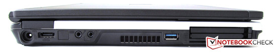 lewy bok: gniazdo zasilania, eSATA, 2 gniazda audio, USB 3.0, PCMCIA, ExpressCard/54, czytnik kart inteligentnych