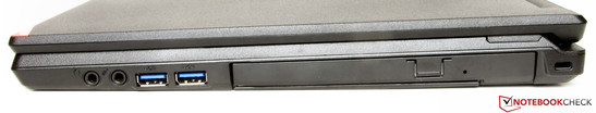 prawy bok: 2 gniazda audio, 2 USB 3.0, napęd optyczny (DVD), gniazdo blokady Kensingtona