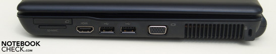 prawy bok: ExpressCard/34, czytnik kart, HDMI, 2x USB, VGA, wylot wentylatora, blokada Kensingtona