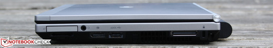 prawy bok: ExpressCard/34, czytnik kart pamięci, gniazdo audio (combo), DisplayPort, eSATA/USB 2.0 (combo), port dokowania, blokada Kensingtona