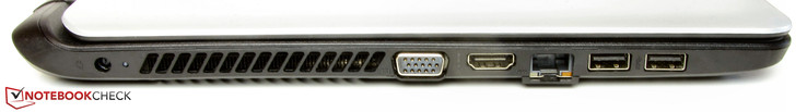 lewy bok: gniazdo zasilania, wylpt powietrza z układu chłodzenia, VGA, HDMI, LAN, 2 USB 3.0