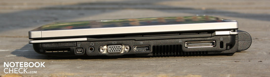 prawy bok: ExpressCard/34, czytnik kart, FireWire, wejście/wyjście audio w jednym, VGA, DisplayPort, gniazdo stacji dokującej, blokada Kensingtona