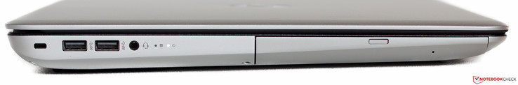 lewy bok: gniazdo blokady Kensingtona, 2 USB 3.0, gniazdo audio, kontrolki stanu, napęd optyczny