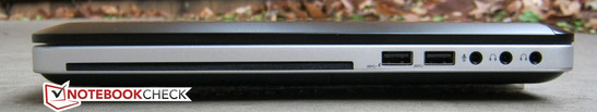 lewy bok: szczelinowy napęd DVD, 2 USB 3.0 (charging port z lewej), 3 gniazda audio