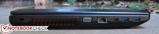 lewy bok: gniazdo blokady Kensingtona, otwory wentylacyjne, VGA, LAN, HDMI, 2xUSB 3.0