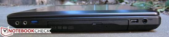 prawy bok: 2 gniazda audio 3,5 mm, USB 3.0, napęd optyczny (nagrywarka Blu-ray), USB 2.0, gniazdo zasilania