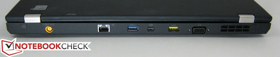 tył: gniazdo zasilania, LAN, USB 3.0, mini DisplayPort, USB 2.0 (Always-On USB), VGA, otwory wentylacyjne