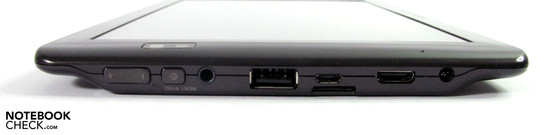 lewy bok: przyciski do regulacji głośności, przycisk zasilania, gniazdo słuchawkowe, USB 2.0, Mini USB, Micro SD/SDHC, Mini HDMI, gniazdo zasilania