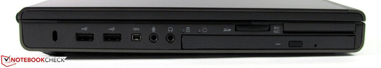 lewy bok: blokada Kensingtona, 2 USB 2.0, FireWire, gniazda audio, czytnik kart pamięci, ExpressCard/54 i czytnik SmartCardreader, nagrywarka Blu-ray