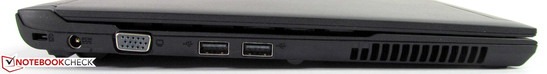 lewy bok: gniazdo blokady Kensingtona, gniazdo zasilania, VGA, 2 USB 2.0, otwory wentylacyjne