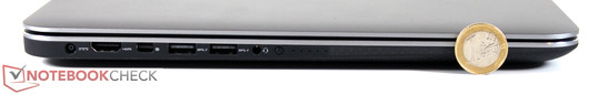 lewy bok: gniazdo zasilania, HDMI, DisplayPort, 2 USB 3.0, gniazdo audio, kontrolka stanu naładowania akumulatora