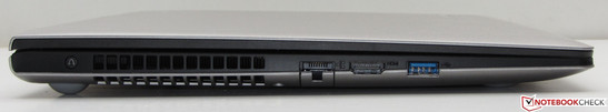 lewy bok: przycisk Novo (Lenovo OneKey Recovery), wylot powietrza z układu chłodzenia, LAN, HDMI, USB 3.0