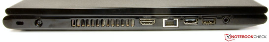 lewy bok: gniazdo blokady Kensingtona, gniazdo zasilania, wylot powietrza z układu chłodzenia, HDMI, LAN, USB 2.0, USB 3.0, gniazdo audio