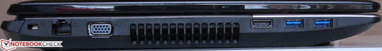 lewy bok: gniazdo blokady Kensingtona, LAN, VGA, wylot powietrza z układu chłodzenia, HDMI, 2 USB 3.0