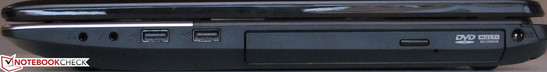 prawy bok: 2 gniazdo audio, 2 USB 2.0, napęd optyczny (DVD), gniazdo zasilania