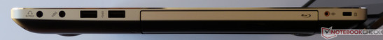 prawy bok: 2 gniazda audio (w tym SPDIF), 2 USB 3.0, napęd optyczny (Blu-ray), gniazdo subwoofera, gniazdo blokady Kensingtona