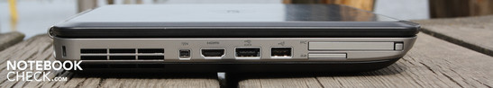 lewy bok: FireWire, HDMI, eSATA/USB 2.0, USB 2.0, PC Card (PCMCIA), czytnik kart pamięci