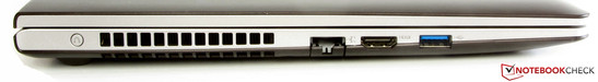 lewy bok: przycisk OneKey Recovery, wylot powietrza z układu chłodzenia, LAN, HDMI, USB 3.0