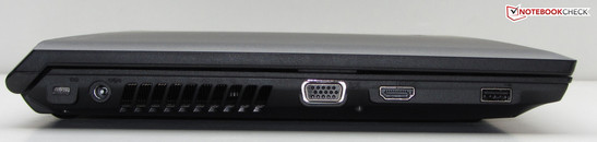 lewy bok: gniazdo blokady Kensingtona, gniazdo zasilania, wylot powietrza z układu chłodzenia, VGA, HDMI, USB 2.0