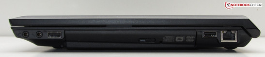 prawy bok: 2 gniazda audio, USB 2.0, napęd optyczny (DVD), USB 2.0, LAN