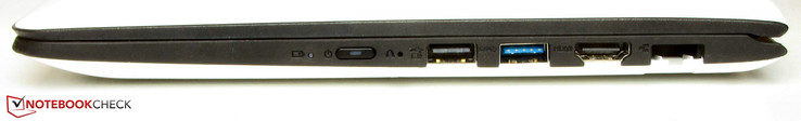 prawy bok: przycisk zasilania, przycisk One Key Recovery, USB 2.0, USB 3.0, HDMI, LAN