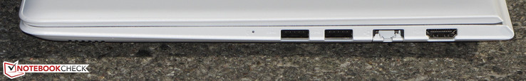 prawy bok: kontrolka stanu zasilania, dwa USB 3.0, LAN (RJ-45), HDMI