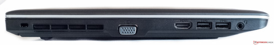 lewy bok: gniazdo blokady Kensingtona, wylot powietrza z układu chłodzenia, VGA, HDMI, 2 USB 3.0, gniazdo audio