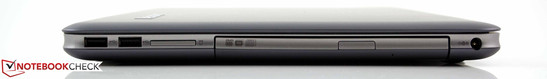 prawy bok: 2 USB 2.0, czytnik kart pamięci, napęd optyczny (DVD), gniazdo zasilania