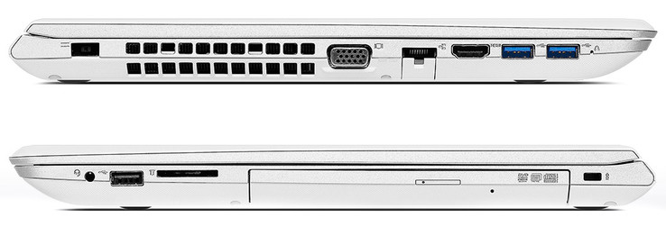 lewy bok: gniazdo zasilania, wylot powietrza z układu chłodzenia, VGA, LAN, HDMI, 2 USB 3.0 / prawy bok: gniazdo audio, USB 2.0, czytnik kart pamięci, napęd optyczny (DVD), gniazdo blokady Kensingtona (fot. Lenovo)