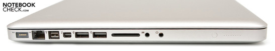 lewy bok: gniazdo zasilania (MagSafe), RJ-45, FireWire 800, Thunderbolt, 2x USB 2.0, czytnik kart (SD, SDHC, SDXC), gniazda audio