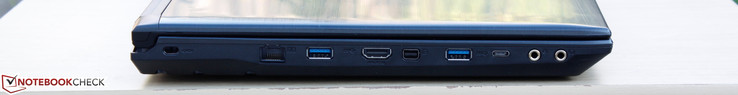 lewy bok: gniazdo blokady Kensingtona, LAN, 2 USB 3.0, HDMI, mini DisplayPort, USB Type-C Gen. 1,  gniazda audio