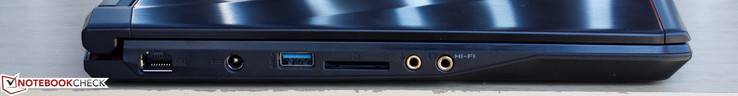 lewy bok: LAN, gniazdo zasilania, USB 3.0, czytnik kart pamięci, 2 gniazda audio