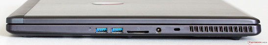 prawy bok: 2 USB 3.0, czytnik kart pamięci, gniazdo zasilania, gniazdo blokady Kensingtona, otwory wentylacyjne