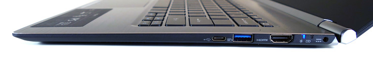 prawy bok: USB typu C (5 Gb/s), USB 3.0 (z funkcją ładowania w stanie wyłączonym), HDMI 1.4a, kontrolki stanu, gniazdo zasilania