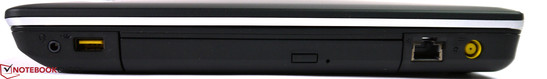 prawy bok: gniazdo audio, żółte USB 2.0 (Always-On USB), napęd optyczny (DVD), LAN (Gigabit Ethernet), gniazdo zasilania