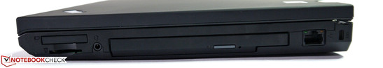 prawy bok: ExpressCard/34, czytnik kart pamięci, gniazdo audio, napęd optyczny (DVD), LAN, gniazdo blokady Kensingtona