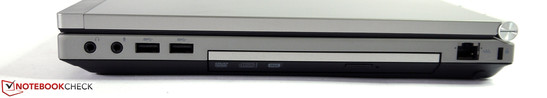 prawy bok: gniazdo audio, 2 USB 3.0, napęd optyczny (DVD), LAN, gniazdo blokady Kensingtona