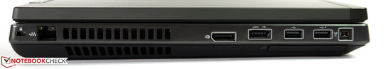 lewy bok: gniazdo blokady Kensingtona, LAN, wylot powietrza z układu chłodzenia, DisplayPort, USB 2.0/eSATA, 2 USB 2.0, port 1394a (FireWire 400), ExpressCard/54