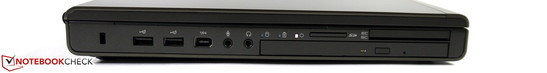 lewy bok: gniazdo blokady Kensingtona, 2 USB 2.0, FireWire 400, 2 gniazda audio, czytnik kart pamięci, napęd optyczny (nagrywarka Blu-ray), czytnik kart Smart Card, ExpressCard/54