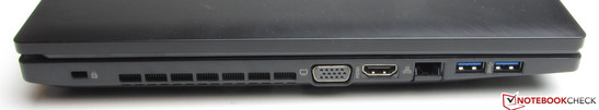 lewy bok: gniazdo blokady Kensingtona, wylot powietrza z układu chłodzenia, VGA, HDMI, LAN, 2 USB 3.0