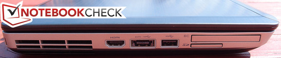 lewy bok: gniazdo blokady Kensingtona, wylot powietrza z układu chłodzenia, HDMI, USB 3.0/eSATA, USB 3.0, ExpressCard/54, czytnik kart pamięci