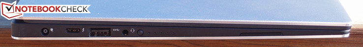 lewy bok: gniazdo zasilania, Thunderbolt 3/USB 3.1, USB 3.0, gniazdo audio, kontrolki stanu naładowania akumulatora