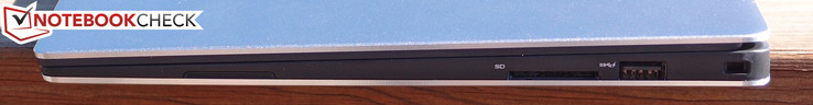 prawy bok: czytnik kart pamięci, USB 3.0, gniazdo blokady Kensingtona