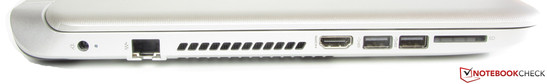 lewy bok: gniazdo zasilania, LAN, wylot powietrza z układu chłodzenia, HDMI, 2 USB 3.0, czytnik kart pamięci