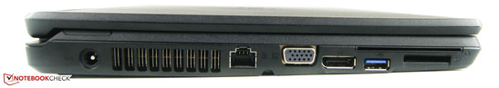 lewy bok: gniazdo zasilania, wylot powietrza z układu chłodzenia, LAN, VGA, DisplayPort, USB 3.0, czytnik SmartCard, czytnik kart pamięci