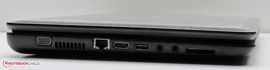 lewy bok: VGA, wylot powietrza z układu chłodzenia, LAN, HDMI, USB 2.0, 2 gniazda audio, czytnik kart pamięci