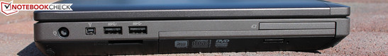 lewy bok: 2 USB 3.0, IEEE 1394a (FireWire), gniazdo zasilania, czytnik kart pamięci, napęd optyczny (DVD), ExpressCard/54
