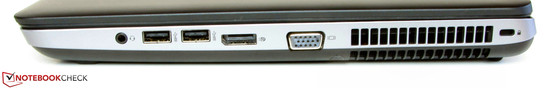 prawy bok: gniazdo audio, 2 USB 3.0, DisplayPort, VGA, wylot powietrza z układu chłodzenia, gniazdo blokady Kensingtona